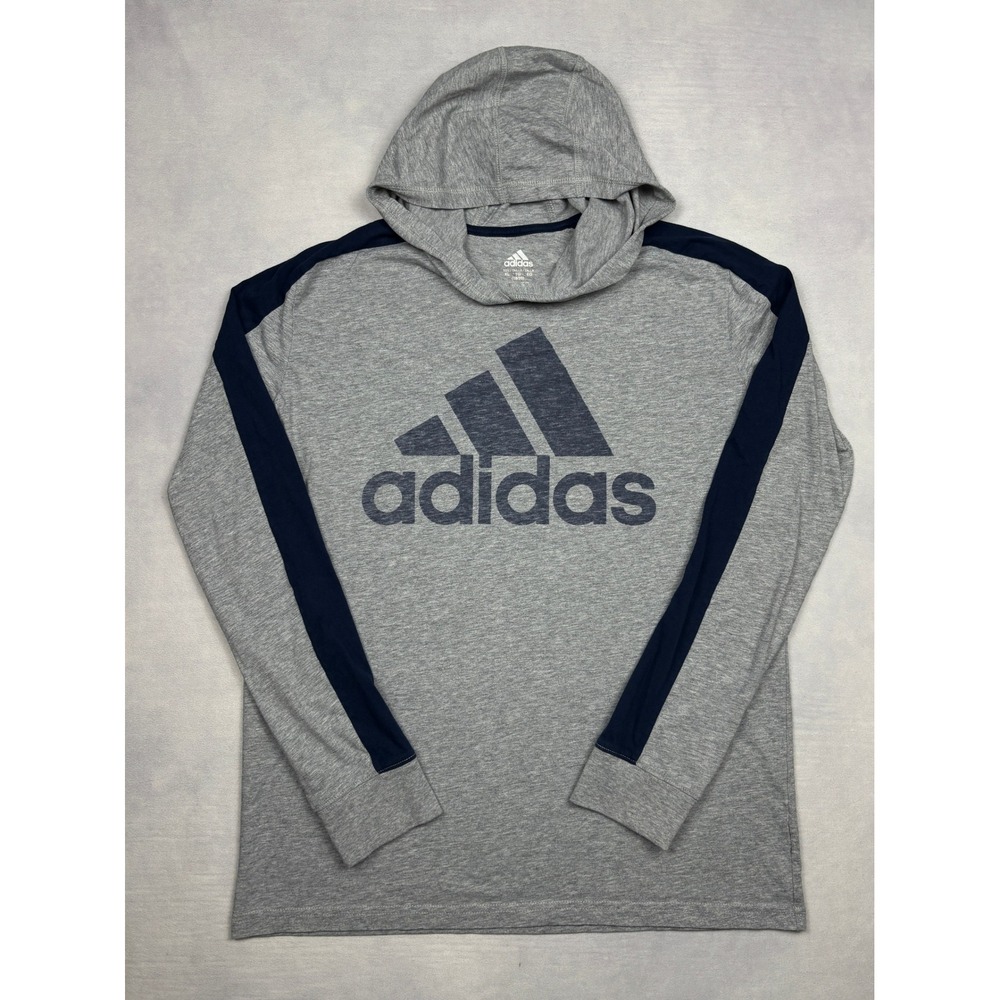 Adidas‎ Boys XL 18/20 Gray Navy Blue Logo Hoodie Long Sleeve T-Shirt Pullover